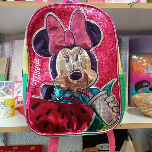 Mochila Minnie Mouse Escolar con 2 Bolsillos para Niñas Cresko Color Rosa Con Glitter