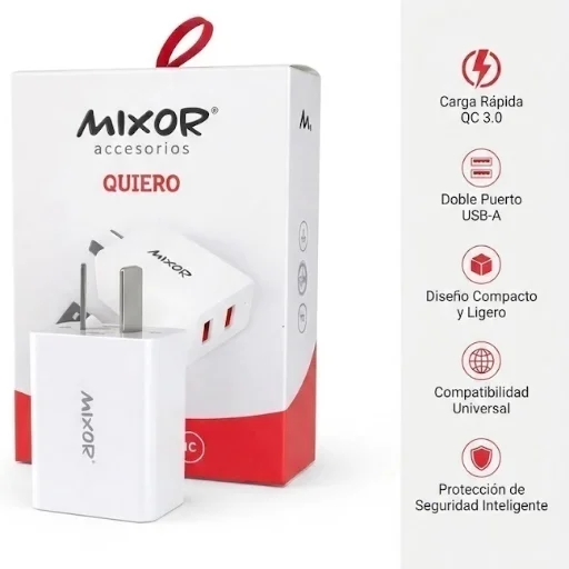 Cargador 220V MIXOR - 51A - 2 USB + Cable Tipo C - QUIERO