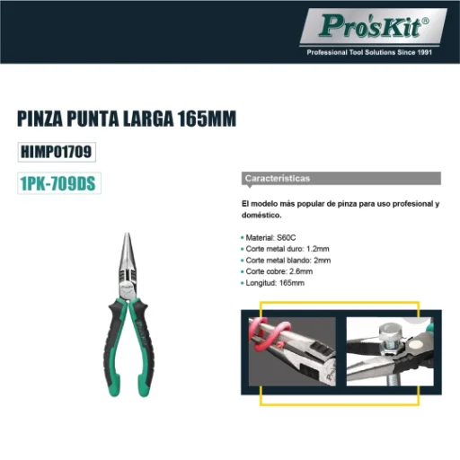 Pinza de Punta Larga 6" Pro'sKit 1PK-709DS (Con Filo de Corte) - imagen 3