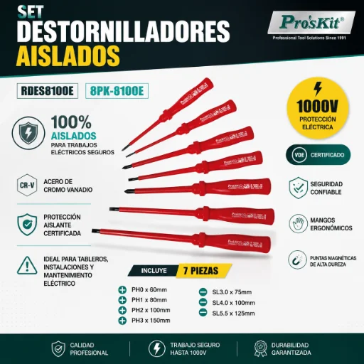 Set de 7 Destornilladores Aislados 1000V Pro'sKit - Modelo 8PK-8100E