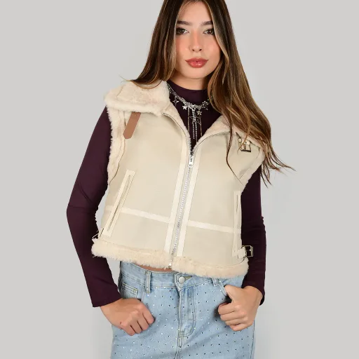 Chaleco Mujer Gamulán Corderito Biker Corto Crudo