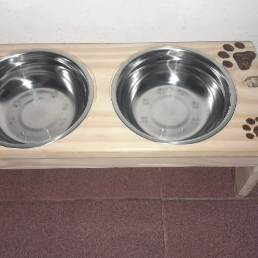 Comedero Doble de Pino Premium para Perros Chicos (Incluye platos de acero)