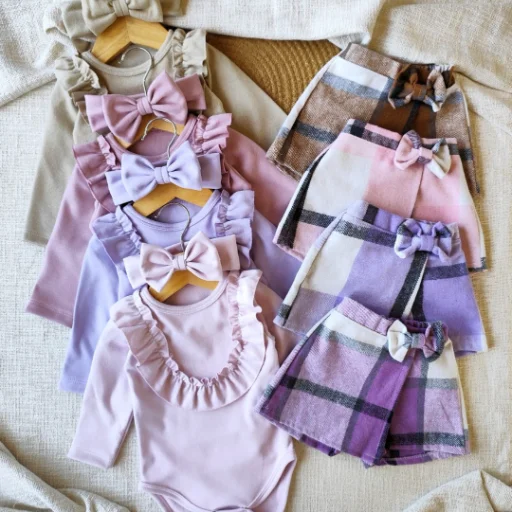CONJUNTO 3 PIEZAS✨ Body darlon con vincha Short pollera paño a cuadrille ❤️ 6 meses a 2 años  DISPONIBLE LILA Y ROSA 🎀 $24.000